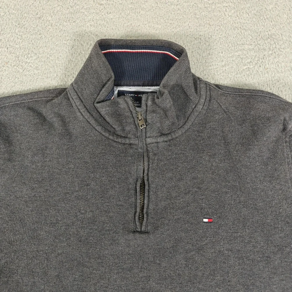 Tommy Hilfiger Sweater Mens‎ Large Gray 1/4 Zip Pullover Logo Cotton Classic